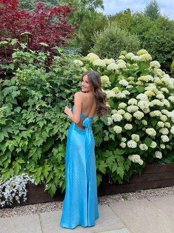 Blue Backless Mermaid Satin Long Evening Prom Dress HZ1023